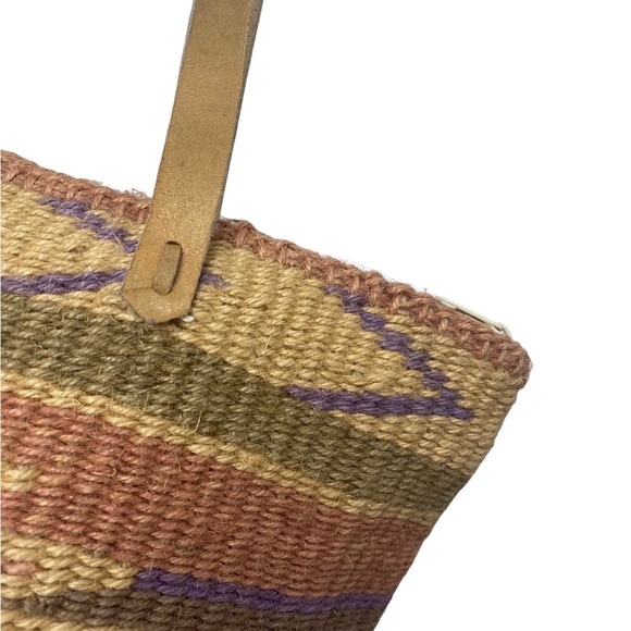 Vintage Boho Aztec Pattern Jute Woven Rope Tote with Leather Straps - Picture 2 of 10